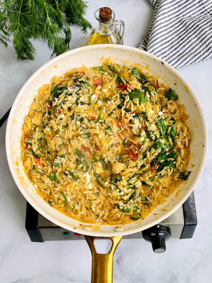 shrimp_orzo_Skillet with spinach, tomatoes, feta